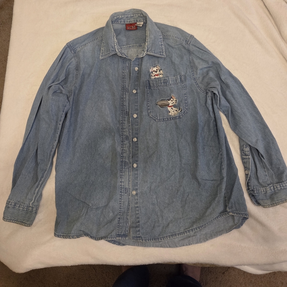 Vintage Disney Light Blue Denim Button Down Shirt with 101 Dalmatians Embroidery